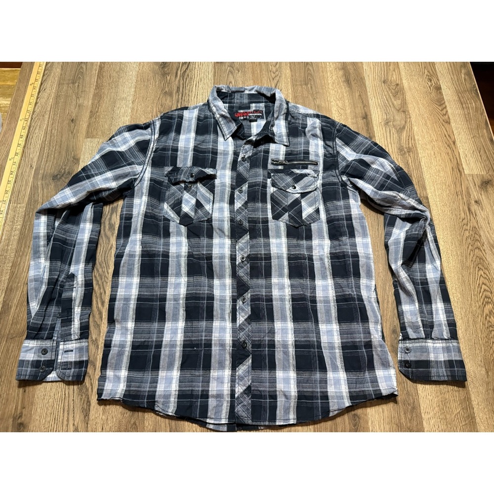 Distortion Shirts Men's Size Extra Large Black Gray Long Sleeve Button Up Plaid